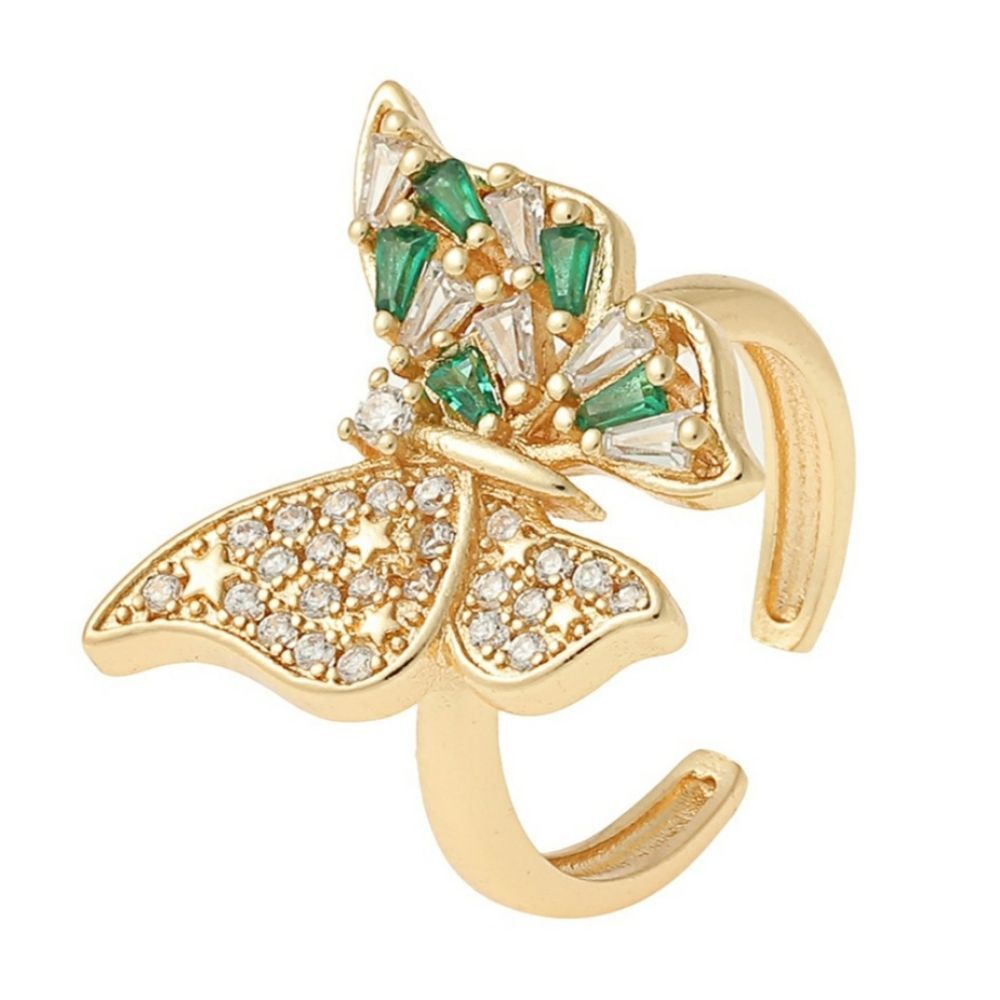 Butterfly Ring With Green Zircon & Rhinestones In Gold Tone